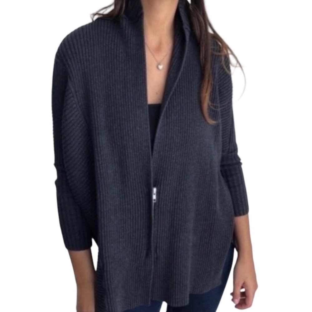 CAbi Grey Oversized Cosmo Ribbed Zip Front V-Neck Sweater Cardigan Style 3366